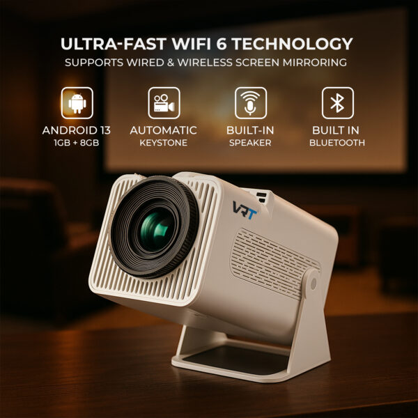 VRT Native 1080P Smart Projector with Android 13.0 | 4X Brighter LED | Auto Keystone & 180° Rotation | 4K HDR Support | WiFi 6, Bluetooth, Screen Mirroring | Built-in Netflix & Prime Apps – White - Image 2