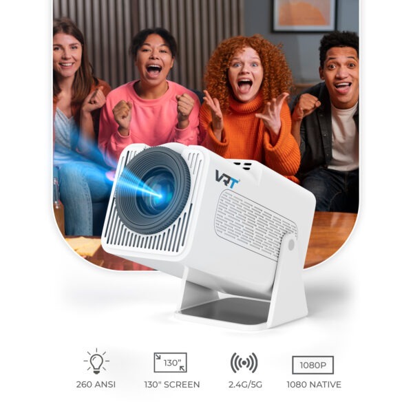 VRT Native 1080P Smart Projector with Android 13.0 | 4X Brighter LED | Auto Keystone & 180° Rotation | 4K HDR Support | WiFi 6, Bluetooth, Screen Mirroring | Built-in Netflix & Prime Apps – White - Image 4