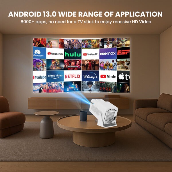 VRT Native 1080P Smart Projector with Android 13.0 | 4X Brighter LED | Auto Keystone & 180° Rotation | 4K HDR Support | WiFi 6, Bluetooth, Screen Mirroring | Built-in Netflix & Prime Apps – White - Image 3
