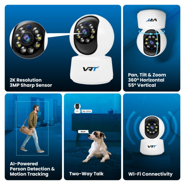 VRT Smart 360° Wi-Fi Security Camera  3MP [2K] Indoor CCTV for Home & Office  AI Motion & Person Detection  Auto Alarm & App Alerts  Night Vision  SD & Cloud Storage - Image 3