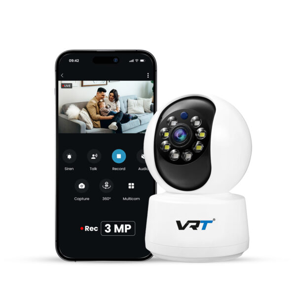 VRT Smart 360° Wi-Fi Security Camera  3MP [2K] Indoor CCTV for Home & Office  AI Motion & Person Detection  Auto Alarm & App Alerts  Night Vision  SD & Cloud Storage